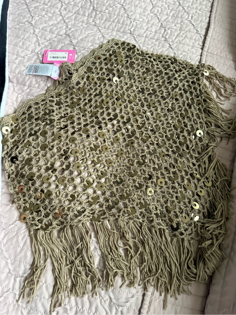 Edikted Olive Green Sequined Crochet Fringe Shawl